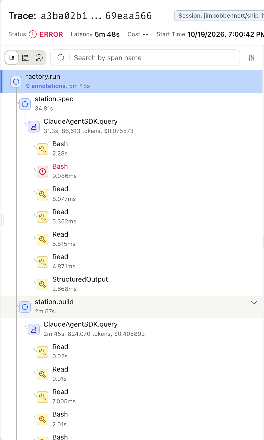 The Arize AX trace tree for one factory run, showing the factory.run root span with station spans for spec, build, CI, the three reviewers and the router, each with ClaudeAgentSDK.query agent spans and tool spans underneath