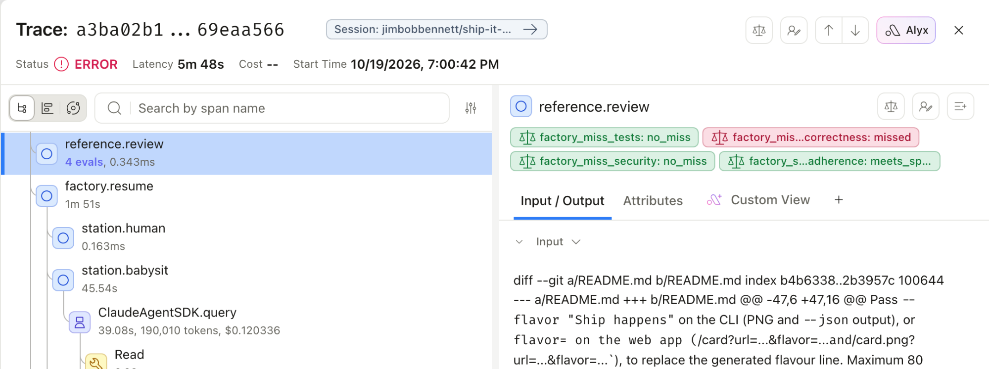The reference.review span for PR #38 in Arize AX with four evaluation results: factory_miss_correctness marked missed in red, and the tests, security and spec adherence judges marked as passing in green