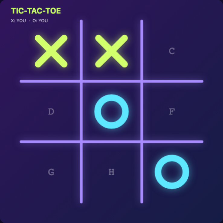 Tic-tac-toe in the arcade, with two Xs on the top row and Os in the centre and bottom right